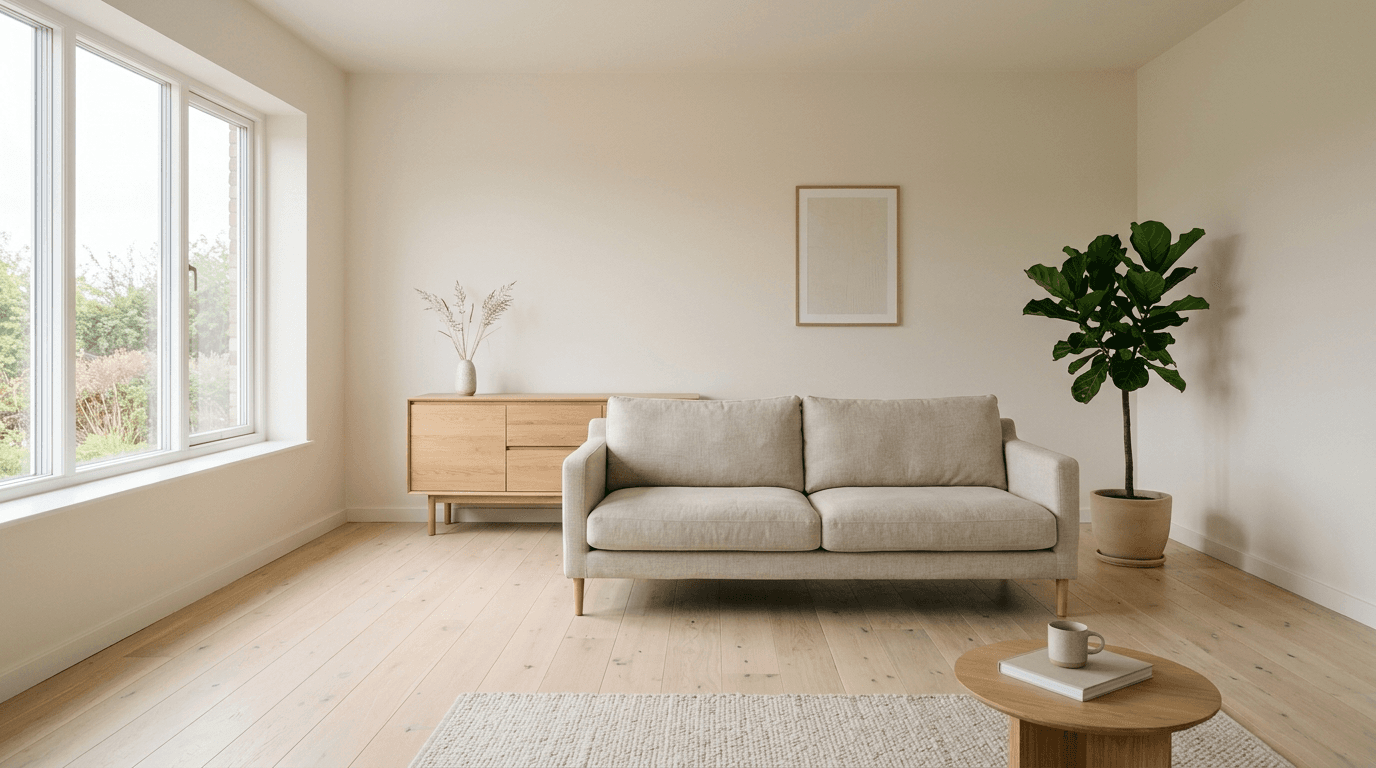 Helles, frisch gestrichenes Wohnzimmer mit warmweißen Wänden