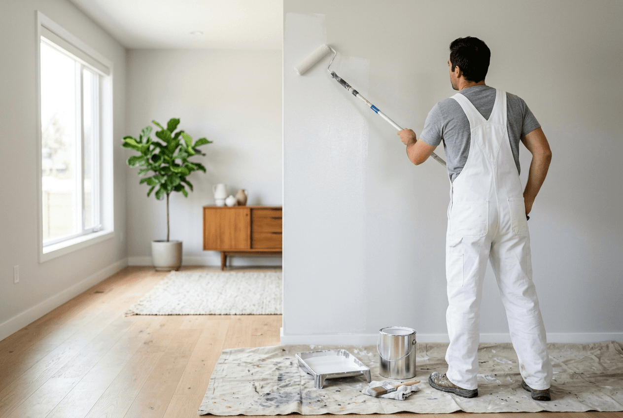 Maler streicht mit der Rolle eine Wand in einem hellen Raum